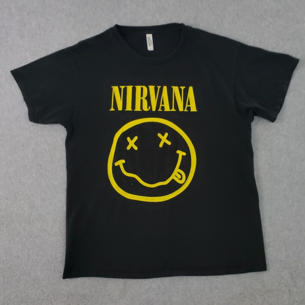 Nirvana T Shirt Mens Large Black Graphic Band Tee Smiley Face Grunge Alstyle Tag